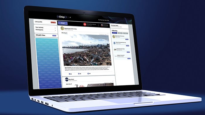 ChirpEx social media platform shown on a laptop screen